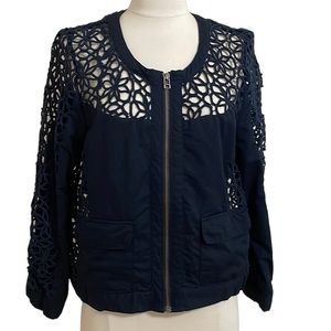 ANTHROPOLOGIE ELEVENSES Navy Blue Cotton Zip Front Cutout Embroidery Jacket